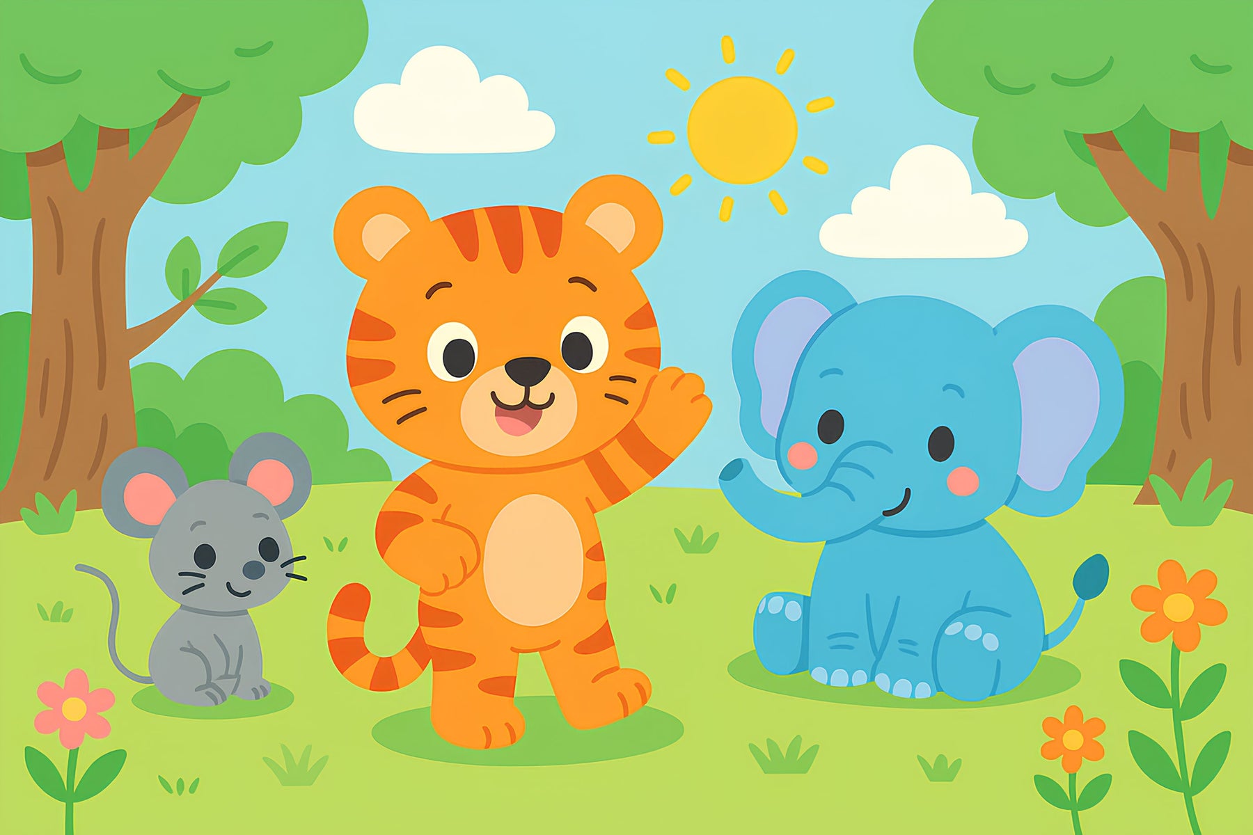 Detailed animal safari mural wallpaper design pattern showing tiger elephant mouse in nature by Kids-Mundo