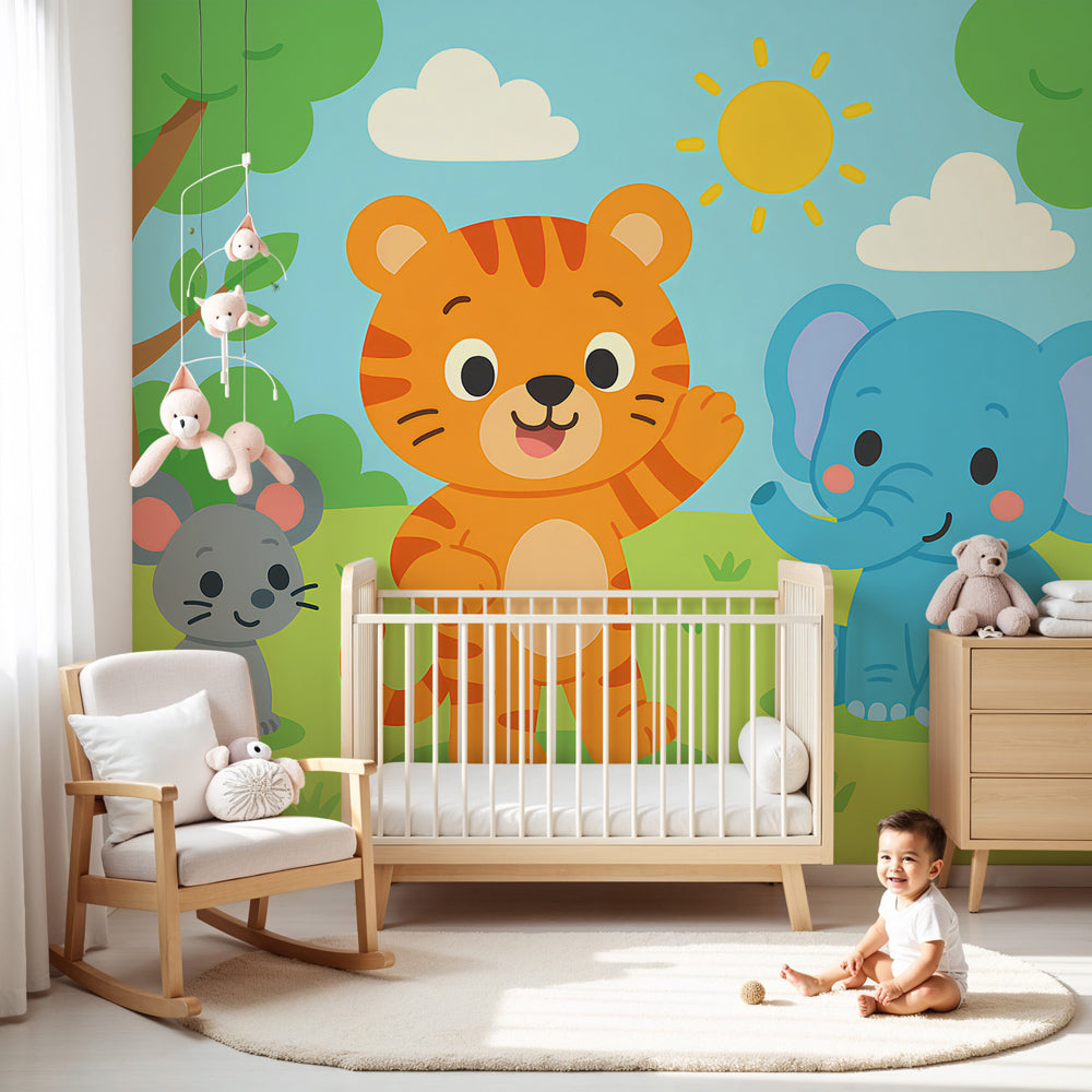 Animal safari mural wallpaper in bright nursery with tiger elephant and mouse by Kids-Mundo