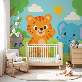 Animal safari mural wallpaper in bright nursery with tiger elephant and mouse by Kids-Mundo