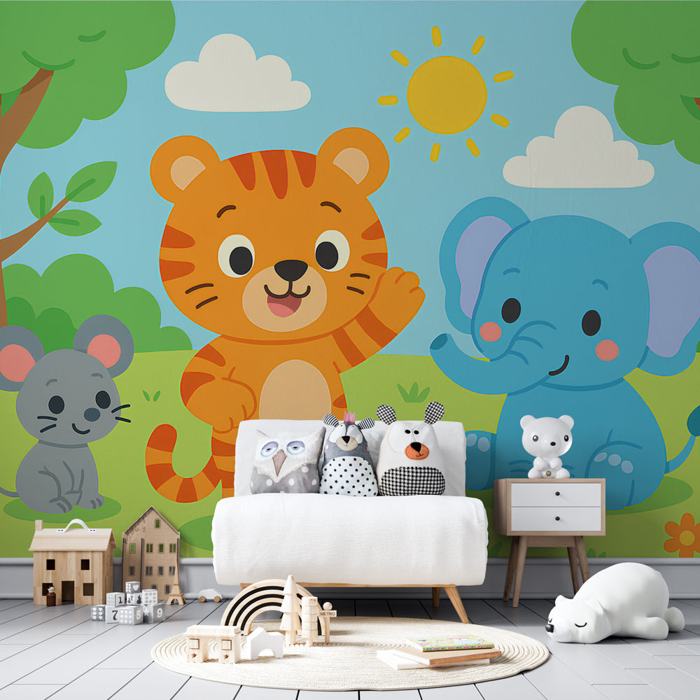 Safari wildlife wallpaper creating adventurous kids playroom with natural woodland theme