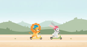 Detailed animal scooter racing mural wallpaper design pattern showing lion and rabbit competition by Kids-Mundo