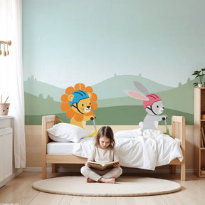Animal scooter racing mural wallpaper in modern nursery room with lion and rabbit characters by Kids-Mundo