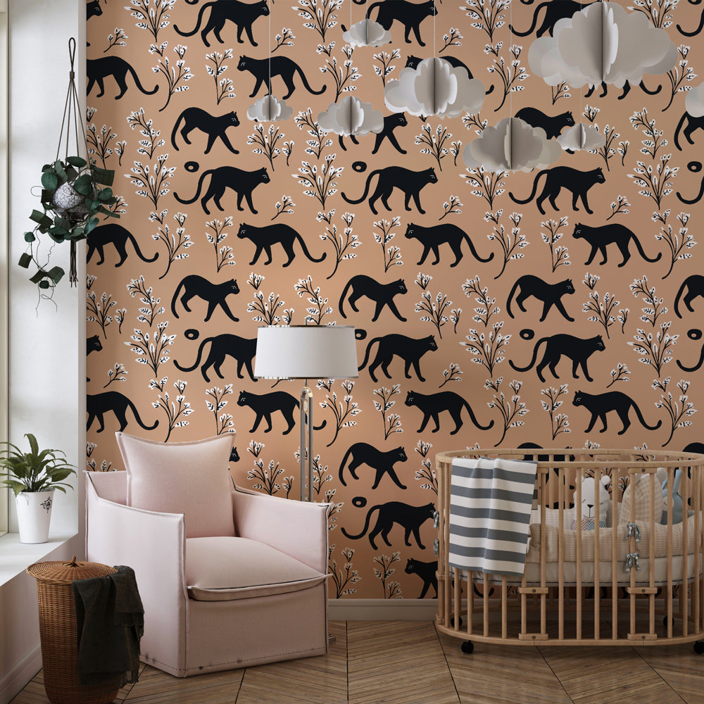 Black animal silhouettes with delicate flowers mural wallpaper in children's playroom
