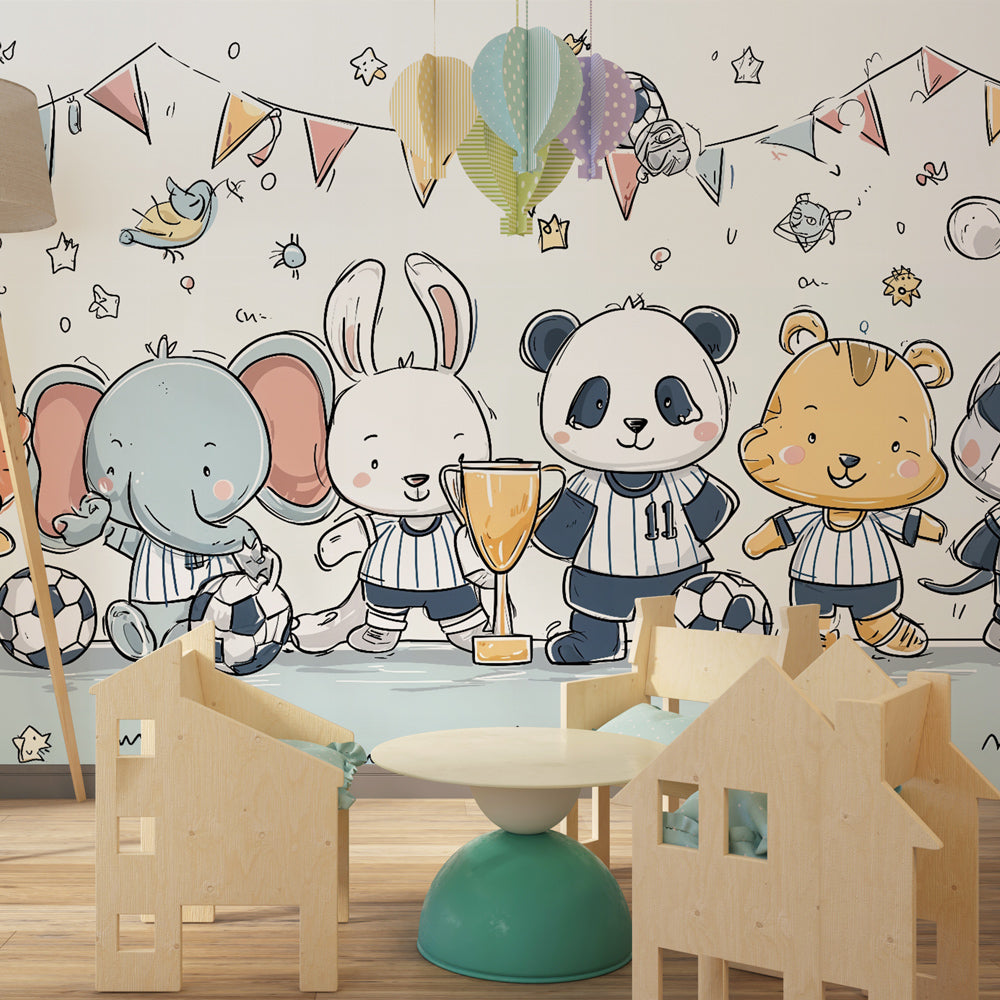 Soccer animals wallpaper creating fun sports-themed children's bedroom decor with festive bunting