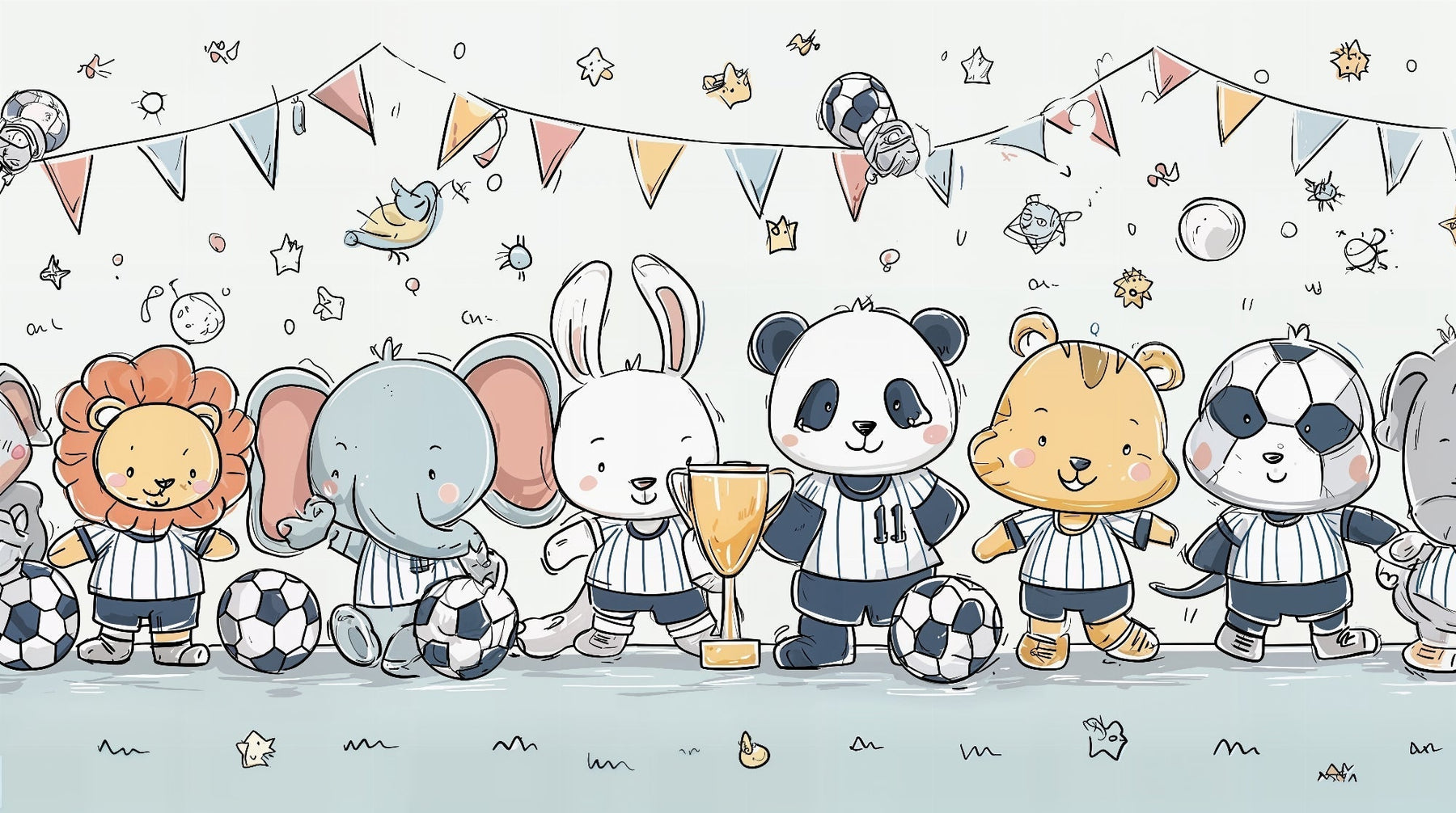 Detailed animal soccer mural wallpaper design pattern showing pandas elephants lions with trophy by Kids-Mundo