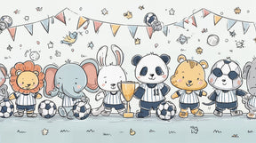 Detailed animal soccer mural wallpaper design pattern showing pandas elephants lions with trophy by Kids-Mundo