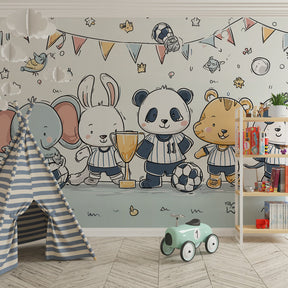 Playful animal soccer team mural wallpaper in modern nursery setting with soft colors