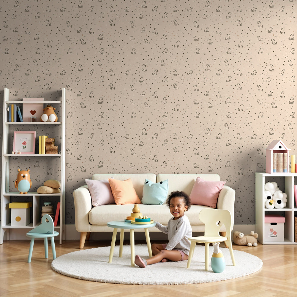 Animal stars mural wallpaper in gentle nursery with white crib and wooden furniture by Kids-Mundo