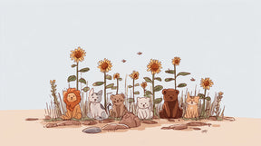 Detailed animal sunflower mural wallpaper design pattern with lion bear and safari friends by Kids-Mundo