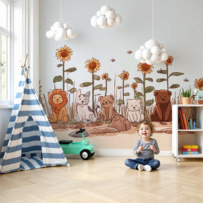 Animal sunflower mural wallpaper in bright nursery with safari garden theme by Kids-Mundo