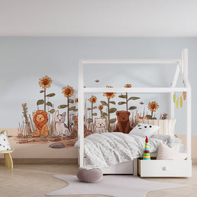 Golden sunflower animal wallpaper transforming children's playroom into garden sanctuary