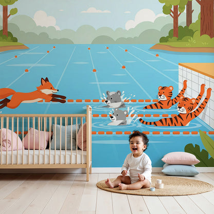 Kids-Mundo woodland pool race wall mural styled above a cot in a bright nursery.