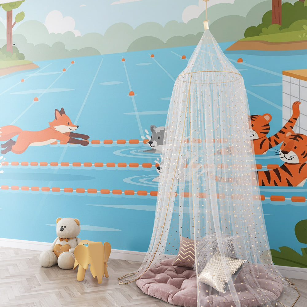 Kids-Mundo fox and tiger pool race wall mural brightening an active children's playroom.