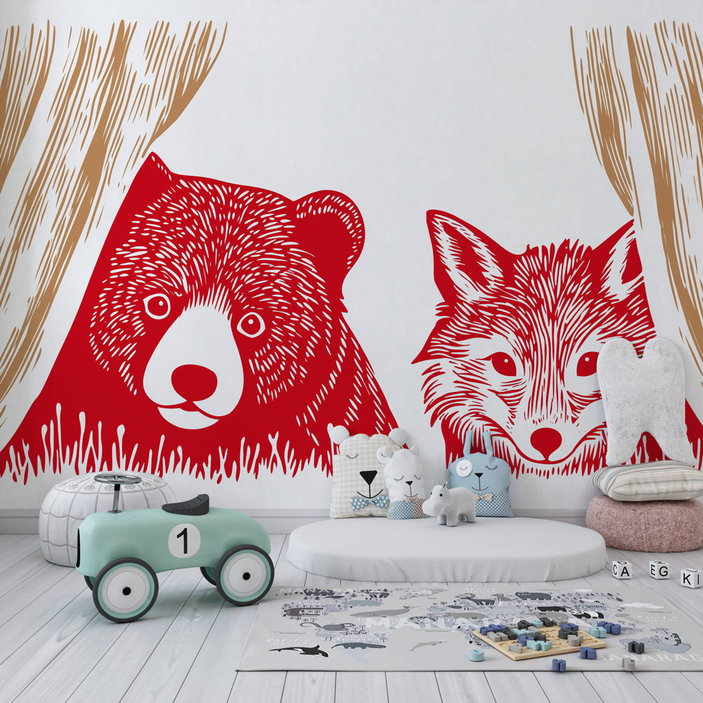 Bear and fox performance wallpaper creating magical kids bedroom atmosphere