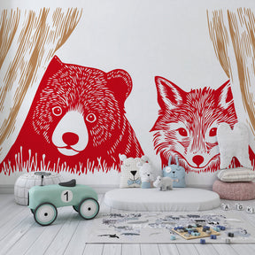 Bear and fox performance wallpaper creating magical kids bedroom atmosphere