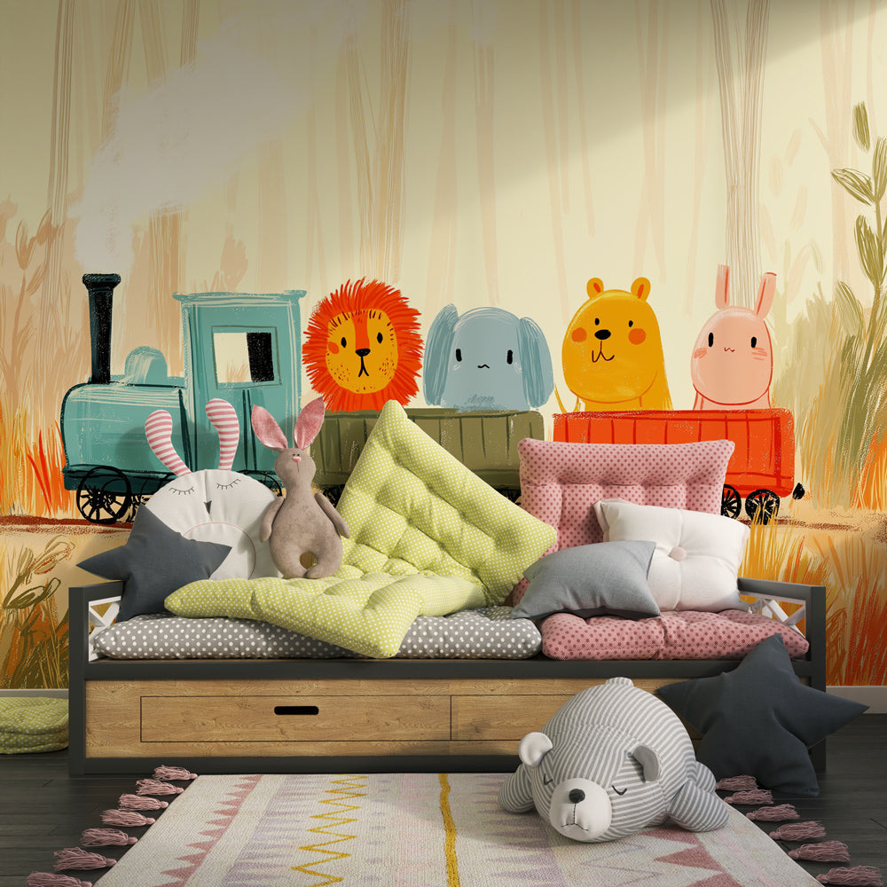Kids-Mundo animal train forest wall mural as a playful feature wall in a busy playroom