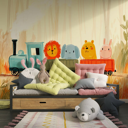 Kids-Mundo animal train forest wall mural as a playful feature wall in a busy playroom