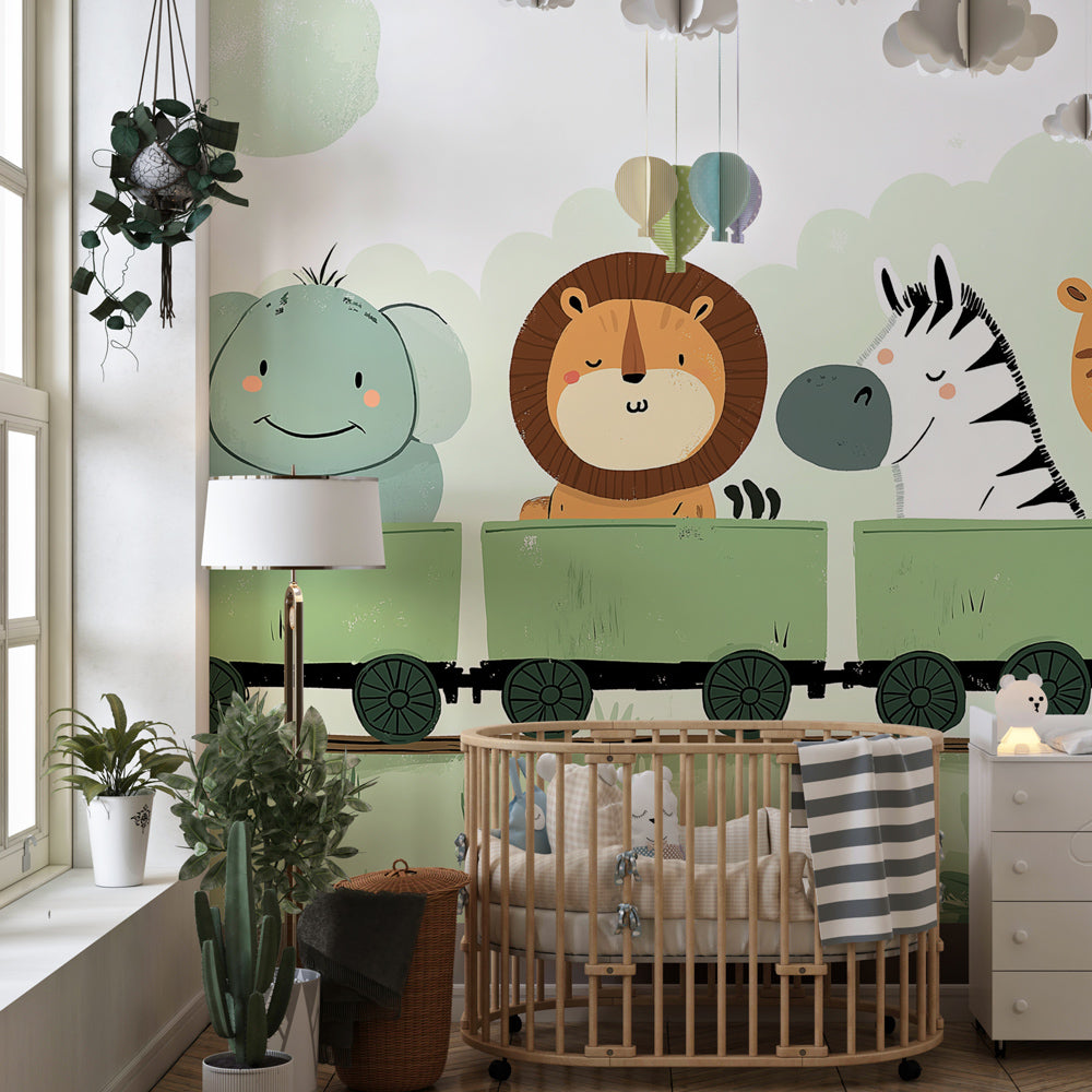 Safari train wallpaper with cute animals transforming kids bedroom into adventure playground by Kids-Mundo