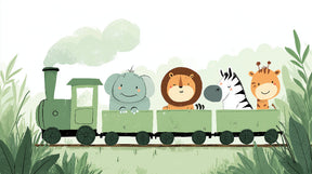 Detailed animal train mural wallpaper design pattern showing safari animals and jungle adventure theme by Kids-Mundo