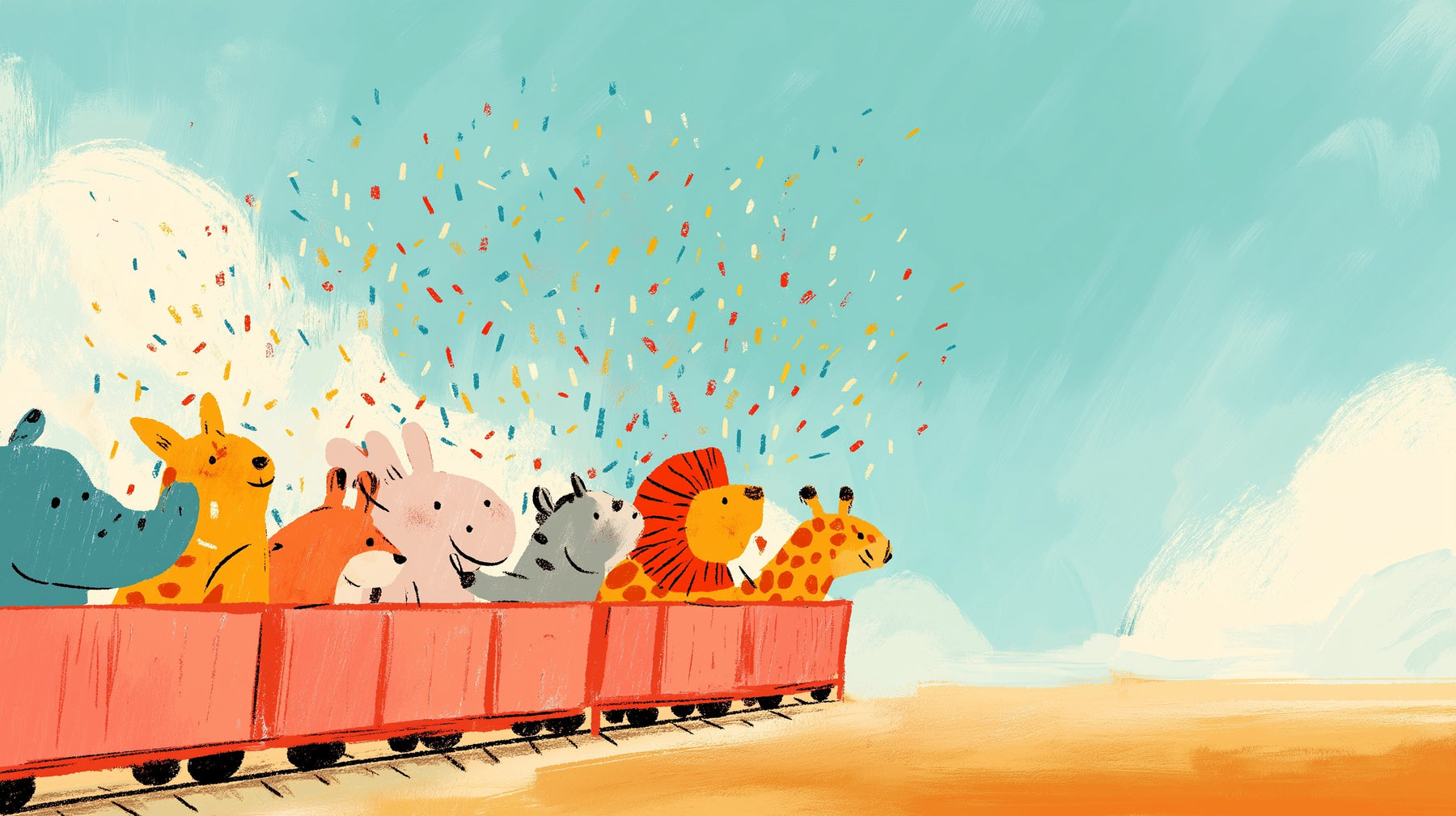 Detailed animal train mural wallpaper design pattern with festive confetti by Kids-Mundo