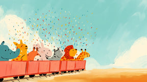 Detailed animal train mural wallpaper design pattern with festive confetti by Kids-Mundo