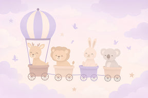 Detailed animal train mural wallpaper design pattern with safari characters and hot air balloon by Kids-Mundo