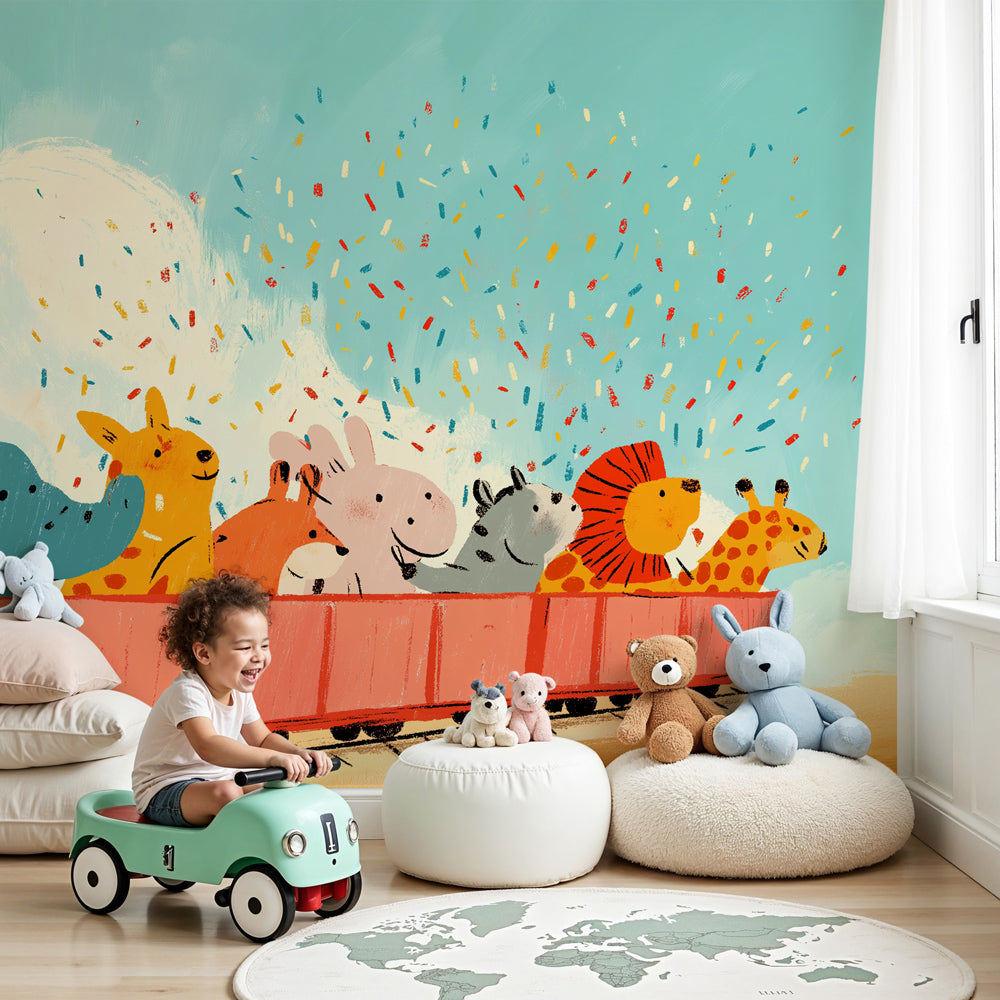 Animal train mural wallpaper with festive party theme in colorful kids bedroom by Kids-Mundo