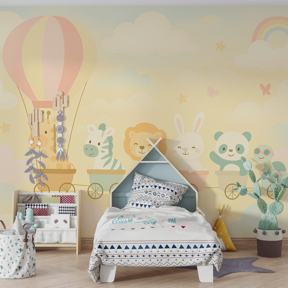 Colorful animal train wallpaper creating playful atmosphere in children's bedroom decor