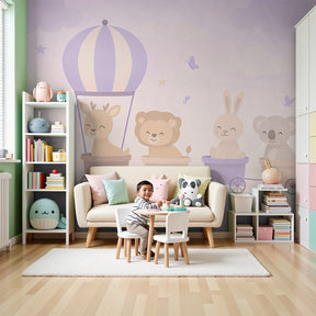 Animal train mural wallpaper in modern nursery with safari friends and hot air balloon by Kids-Mundo