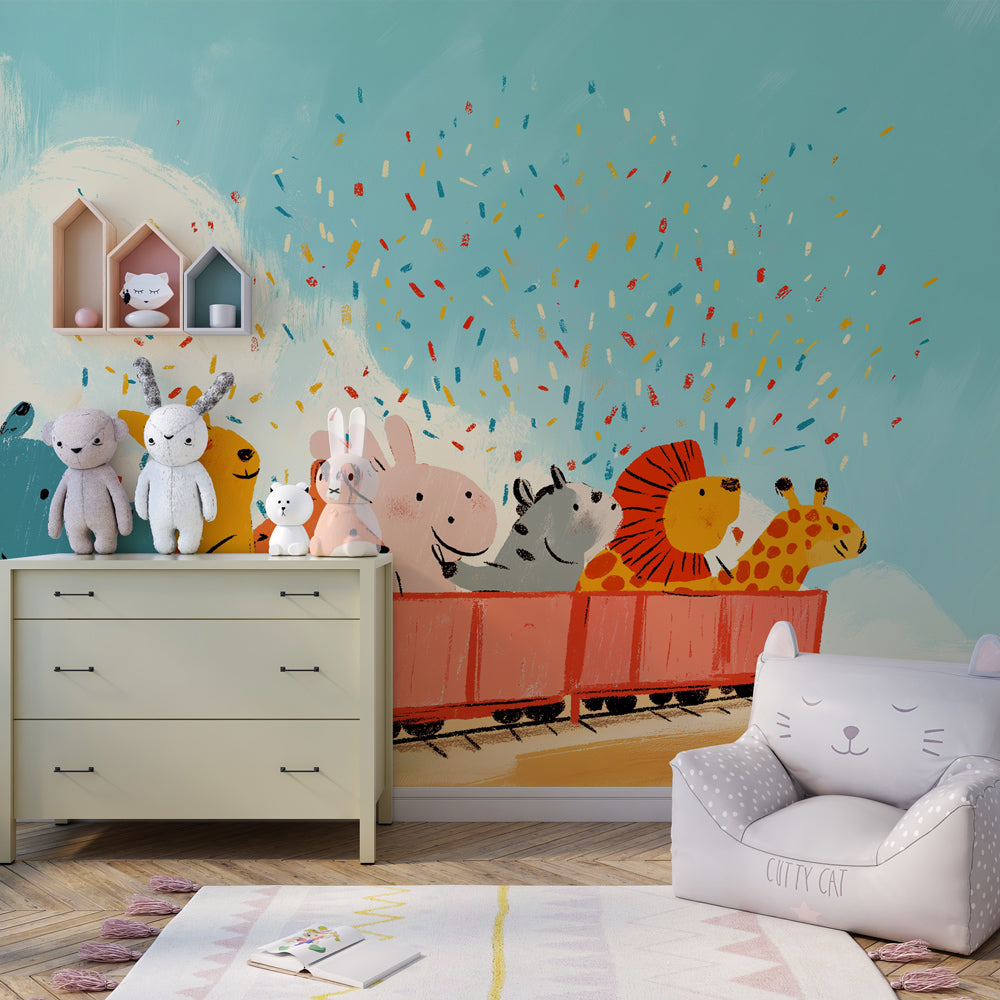 Cheerful animal train wallpaper creating joyful nursery atmosphere with confetti design