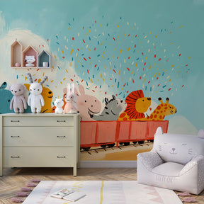 Cheerful animal train wallpaper creating joyful nursery atmosphere with confetti design
