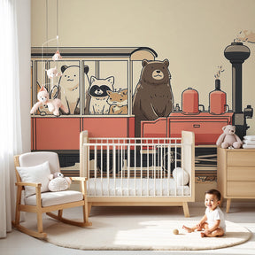 Animal train mural wallpaper in cozy nursery with safari adventure theme by Kids-Mundo