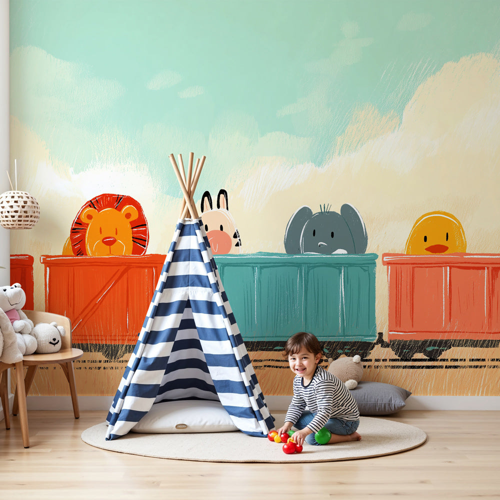 Animal train mural wallpaper in bright nursery with safari theme decor by Kids-Mundo