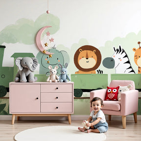 Animal train mural wallpaper creating magical safari nursery decor with jungle adventure theme by Kids-Mundo