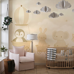 Cloud theme animal train wallpaper installed in bright children's playroom setting