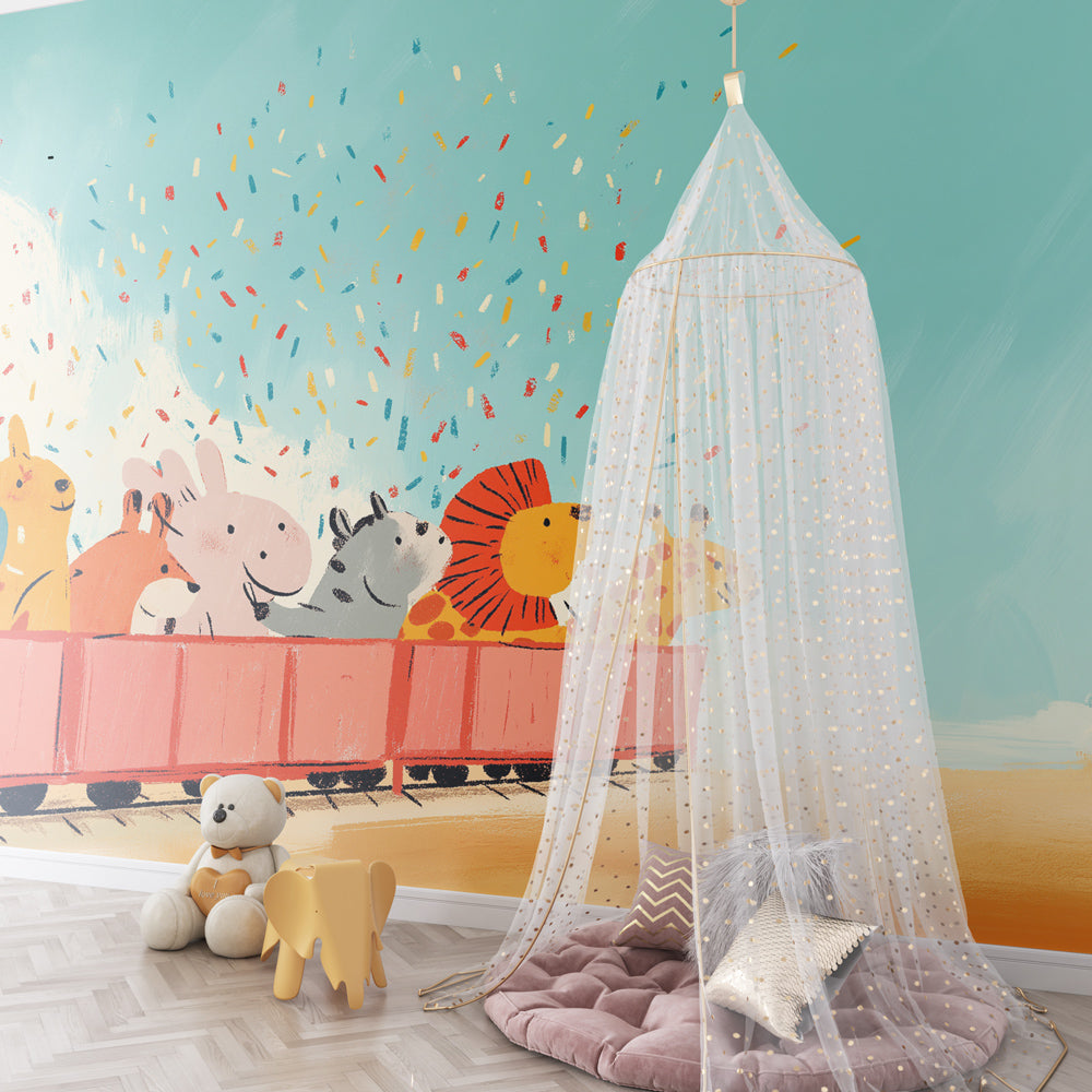 Vibrant train wallpaper with party animals transforming playroom into adventure space