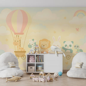 Cloud adventure train wallpaper transforming kids playroom with whimsical animal friends