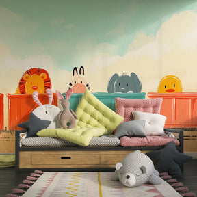 Safari animal train wallpaper transforming children's playroom into adventure zone by Kids-Mundo