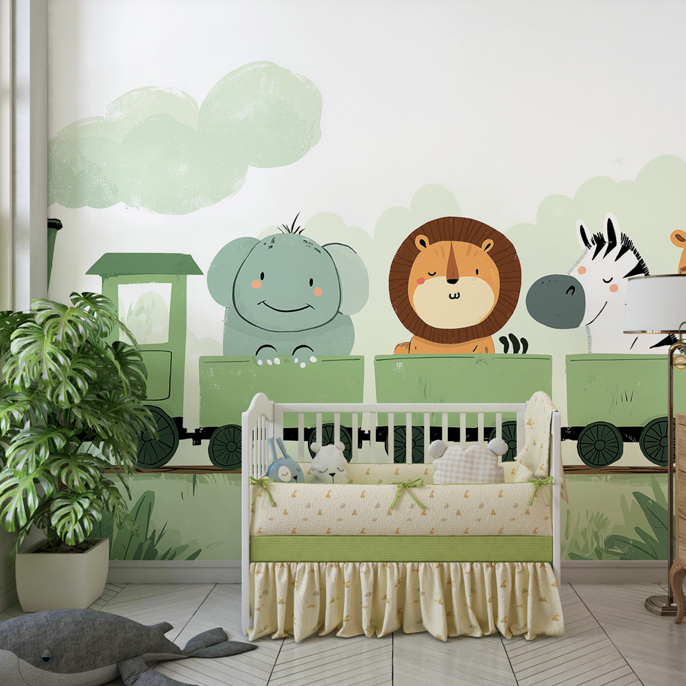 Charming animal train mural wallpaper featuring elephant lion giraffe zebra for children's playroom by Kids-Mundo