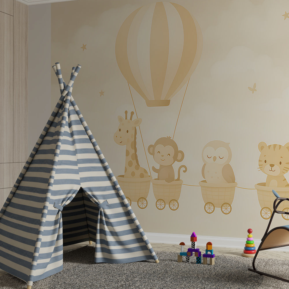 Hot air balloon animal train wallpaper transforming children's room into adventure space
