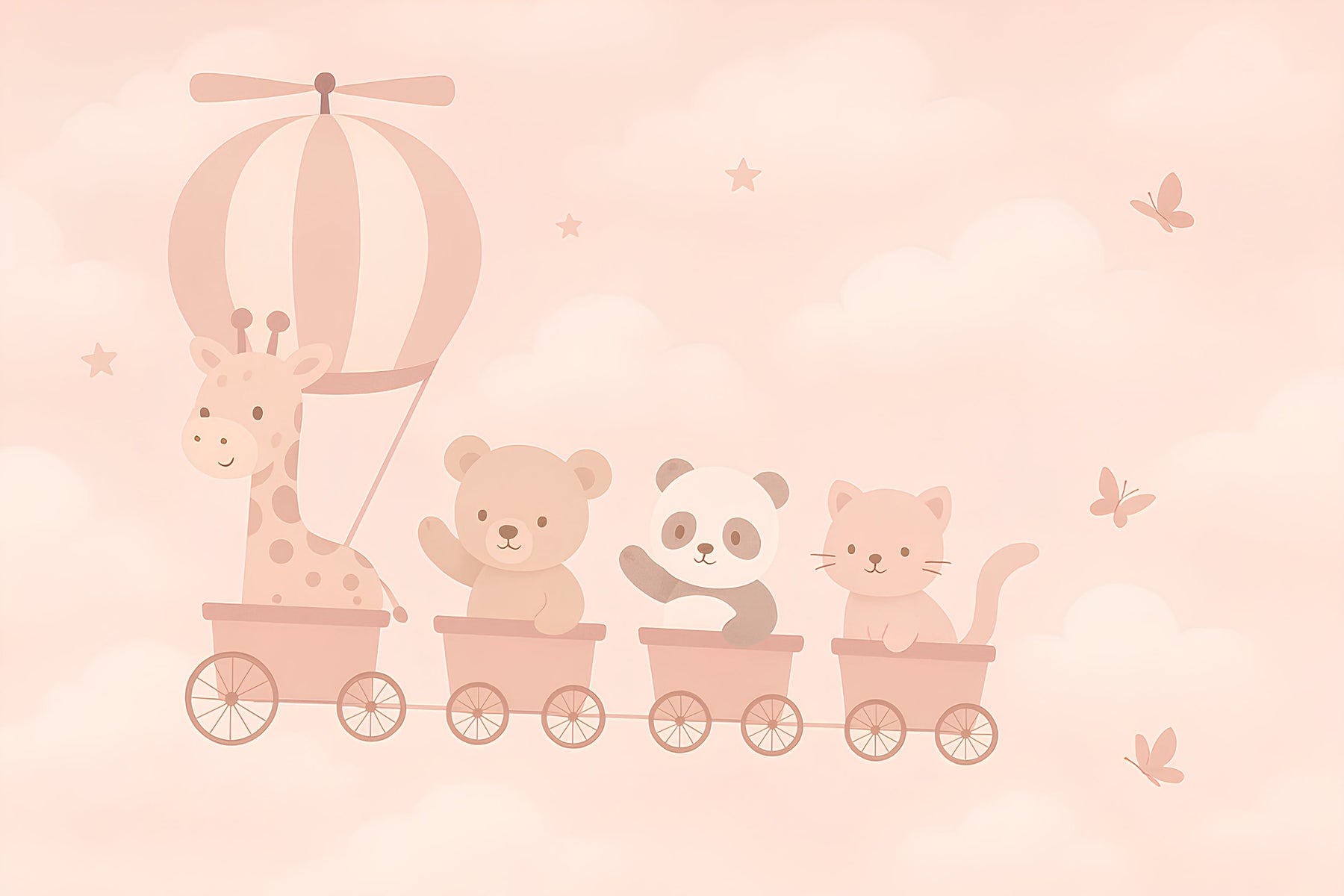 Detailed animal travel mural wallpaper design pattern showing giraffe balloon and friends by Kids-Mundo