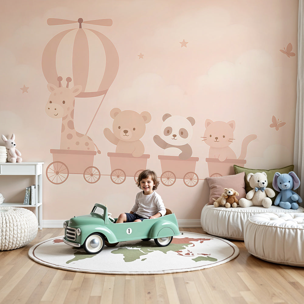 Animal travel mural wallpaper in modern nursery with pink sky and hot air balloon design by Kids-Mundo