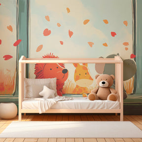 Curious safari animal window wallpaper creating magical atmosphere in children's bedroom