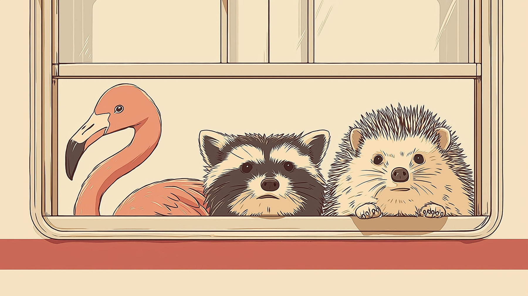 Detailed animal window mural wallpaper design pattern showing flamingo, raccoon and hedgehog by Kids-Mundo