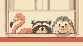 Detailed animal window mural wallpaper design pattern showing flamingo, raccoon and hedgehog by Kids-Mundo
