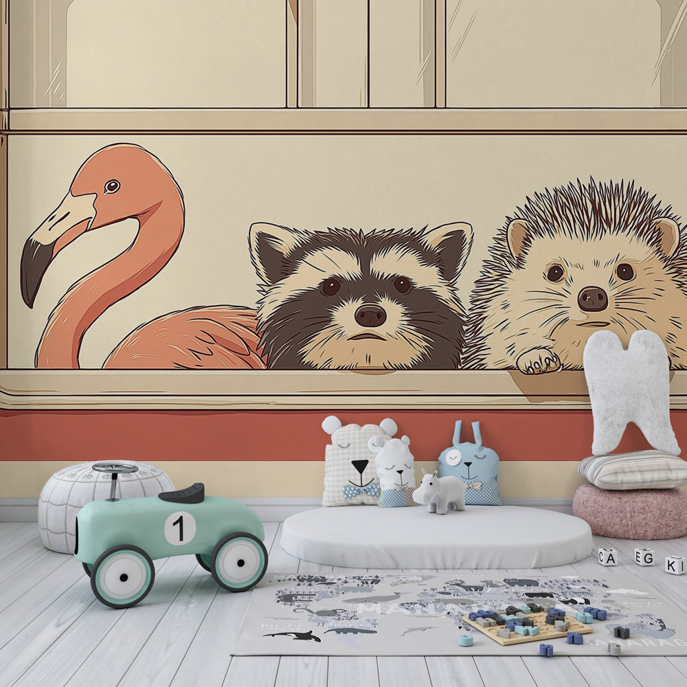Cute animal window wallpaper creating cozy atmosphere in children's bedroom decor