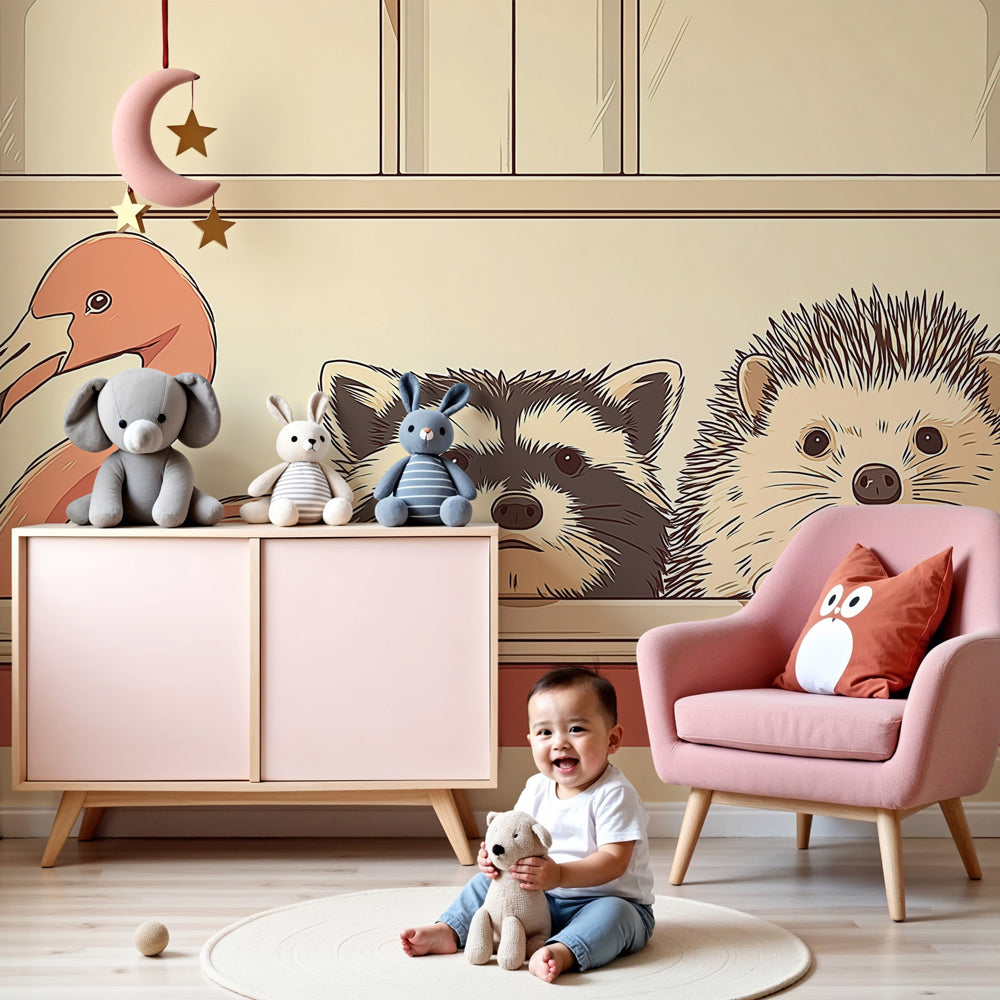 Animal window mural wallpaper with flamingo, raccoon and hedgehog in modern nursery by Kids-Mundo