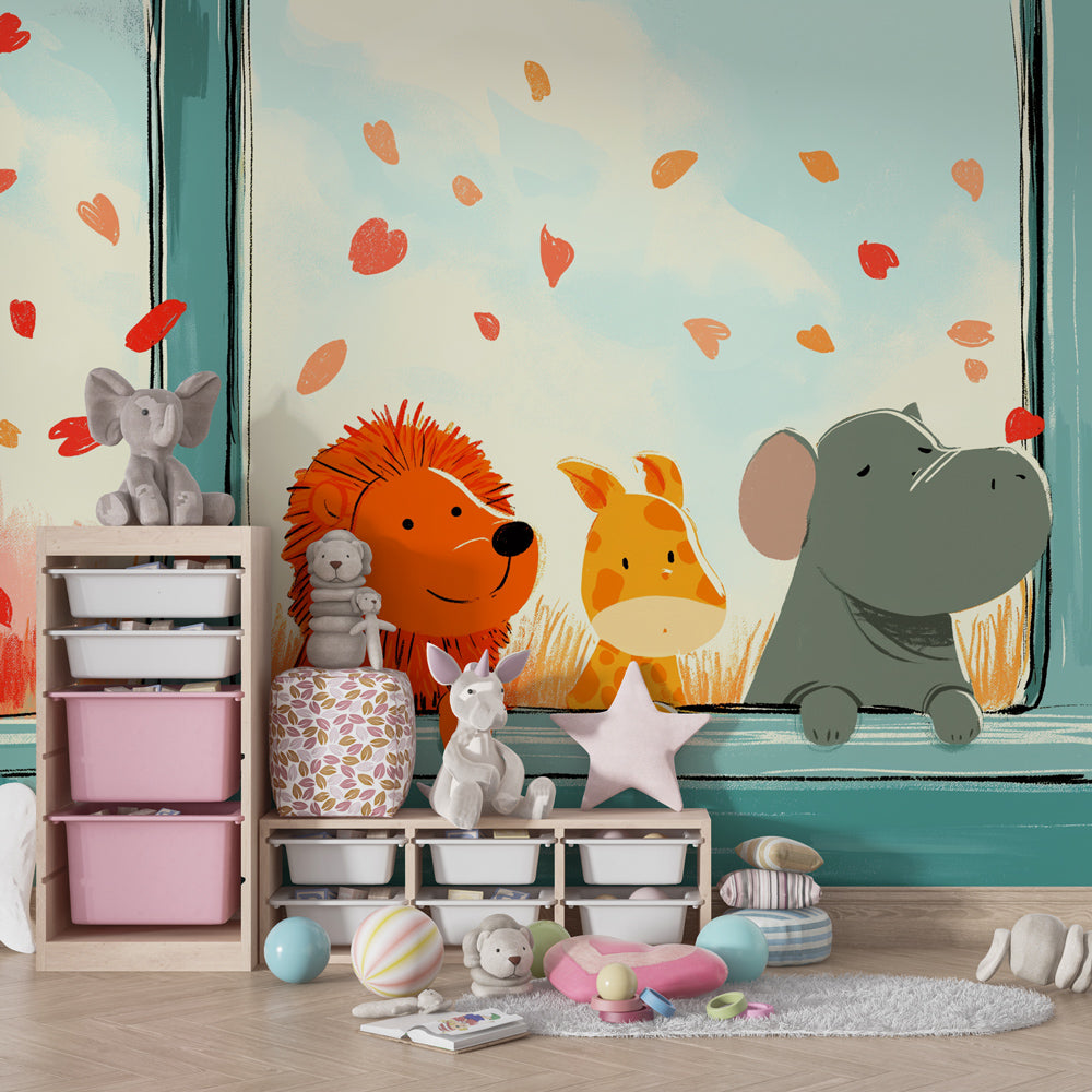 Safari window scene mural wallpaper with lion giraffe elephant in kids playroom