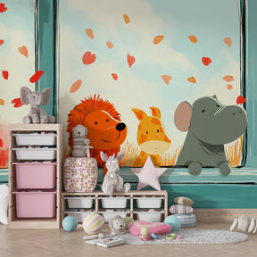 Safari window scene mural wallpaper with lion giraffe elephant in kids playroom