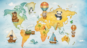 Detailed animal world map mural wallpaper design pattern with hot air balloons by Kids-Mundo